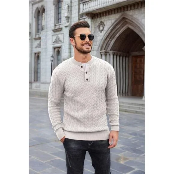 COOFANDY Men Casual Knit Sweater Quarter Button Henley Long Sleeve
